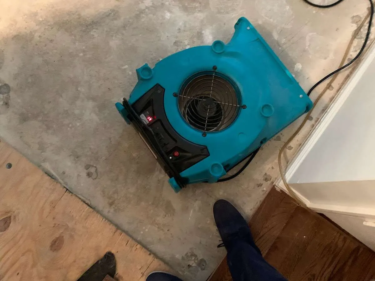 Air mover drying subfloor during Leak Detection & Repair in Grandville